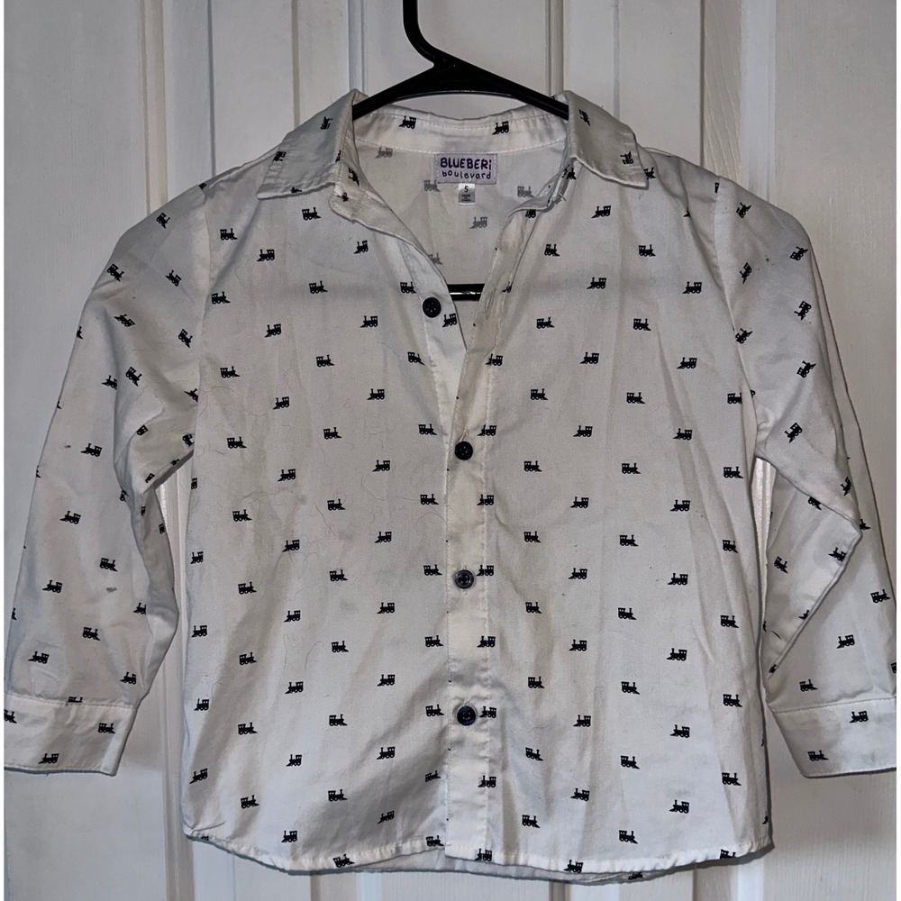 Blueberi Boulevard Kids Boys White Train Print Button Down Shirt Size 5